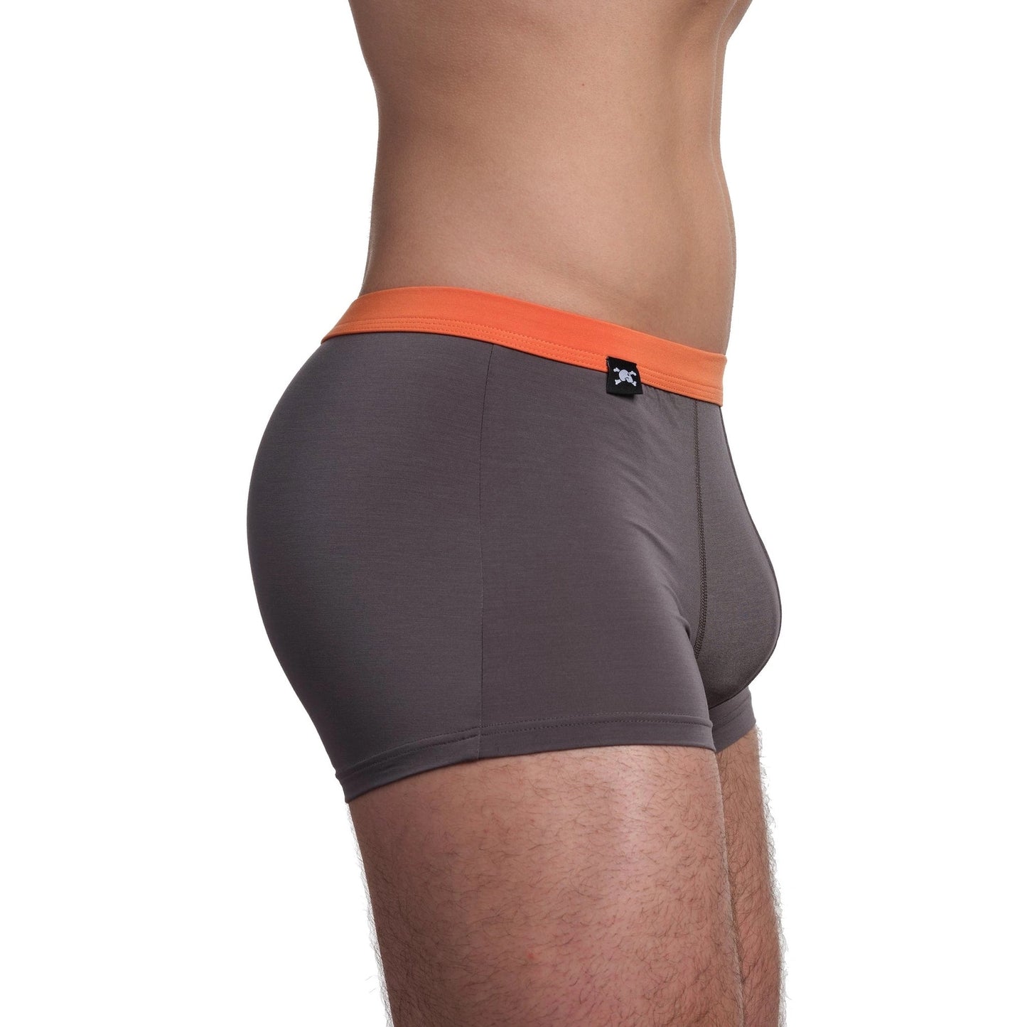 Gray boxer briefs with orange waistband on a white background