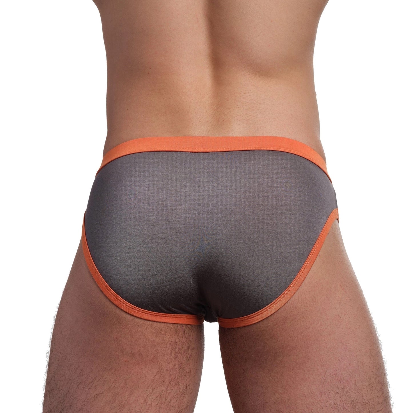 Gray men's underwear with orange trim on a white background