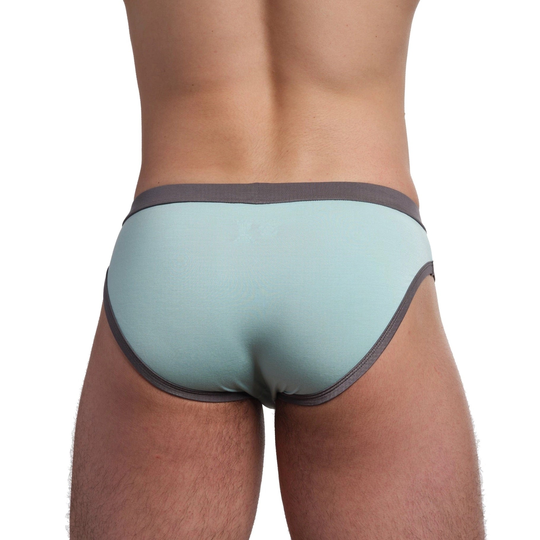 Light blue men's underwear with dark trim on a white background