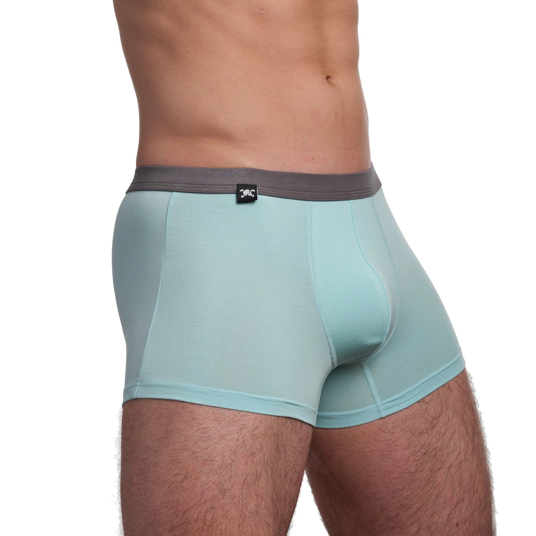 Light blue boxer briefs with a dark gray waistband on a white background