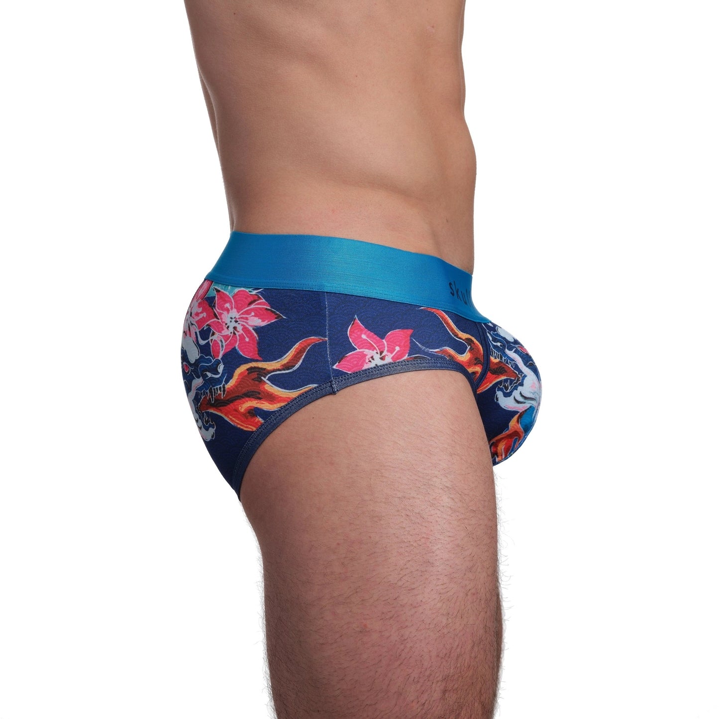 Floral and flame patterned underwear on a white background