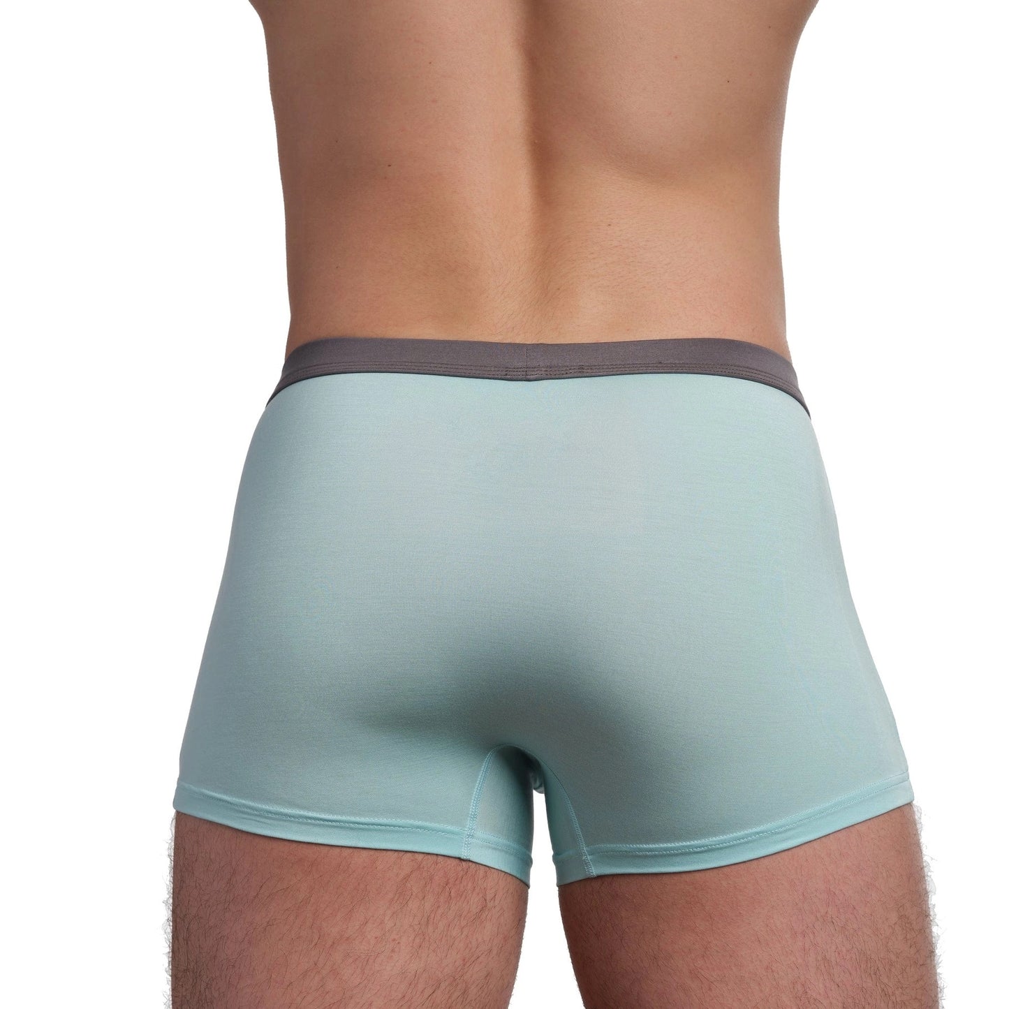 Light blue boxer briefs worn by a person on a white background
