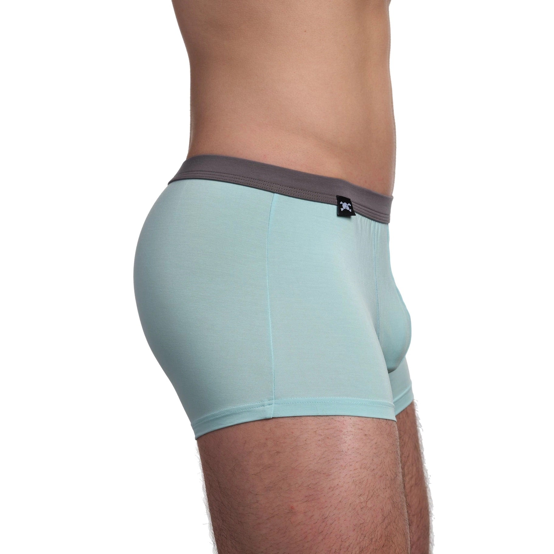 Light blue boxer briefs with gray waistband on a white background