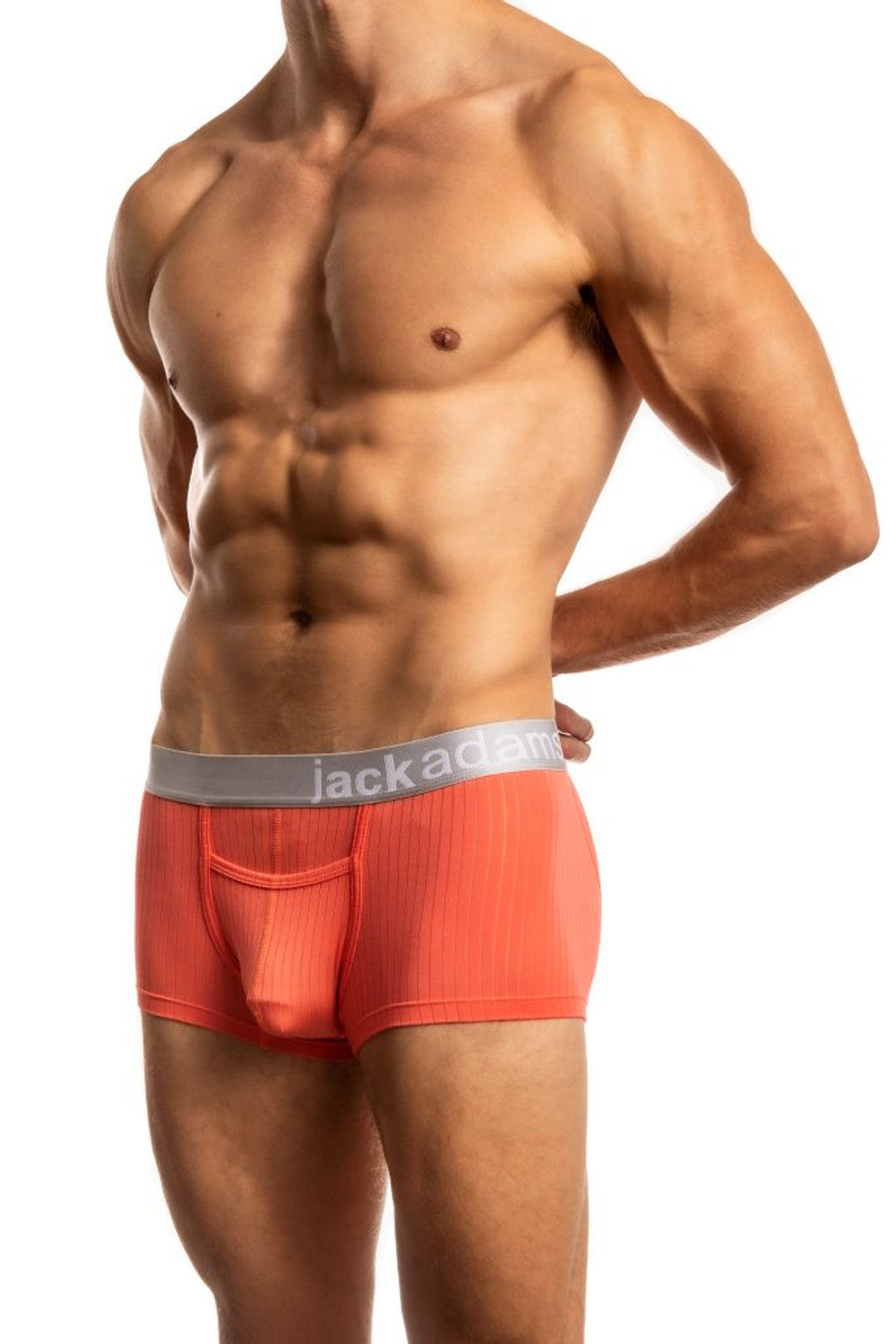 Coral men's underwear with 'jack adams' waistband on a white background