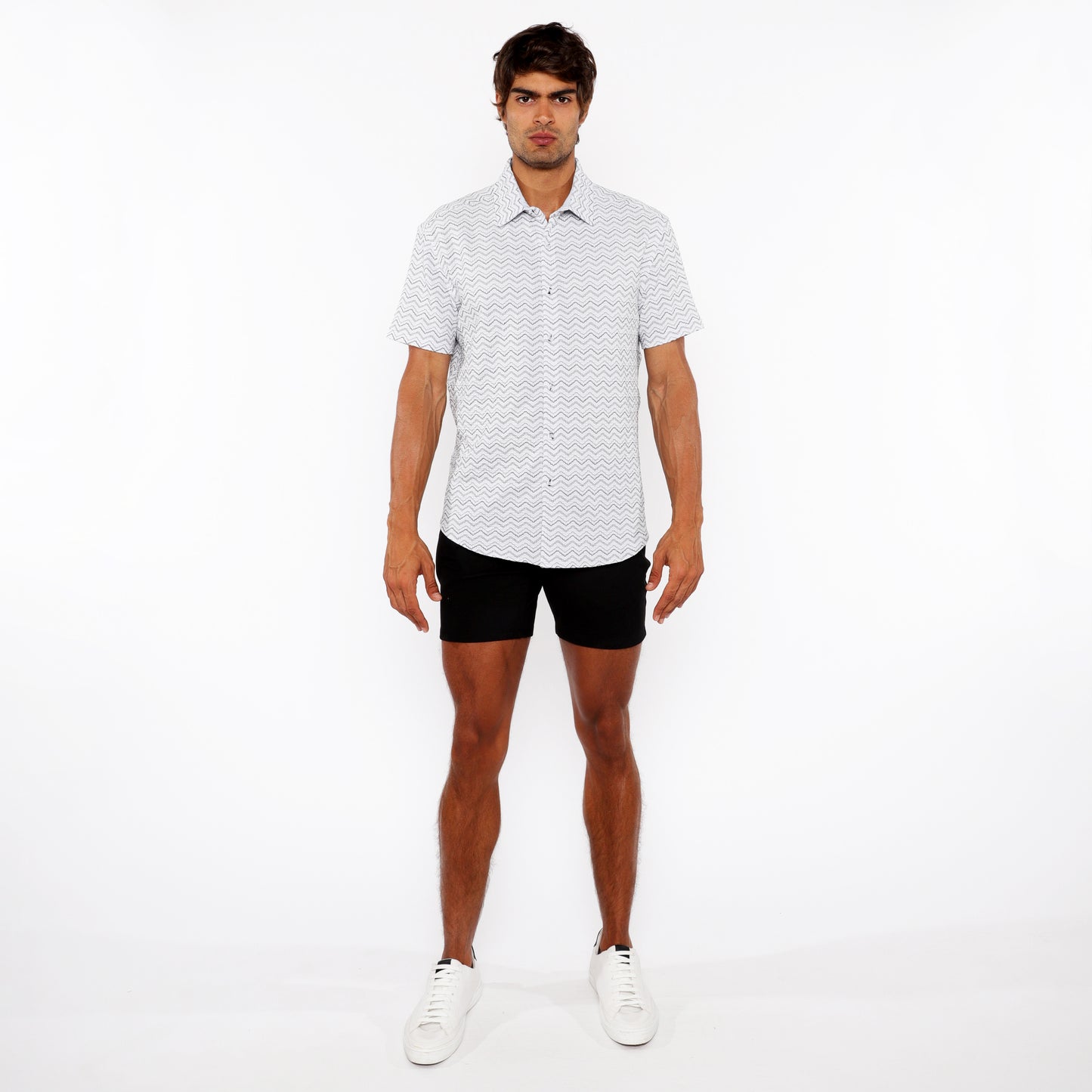 White Textured Chevron Stretch Knit Shirt