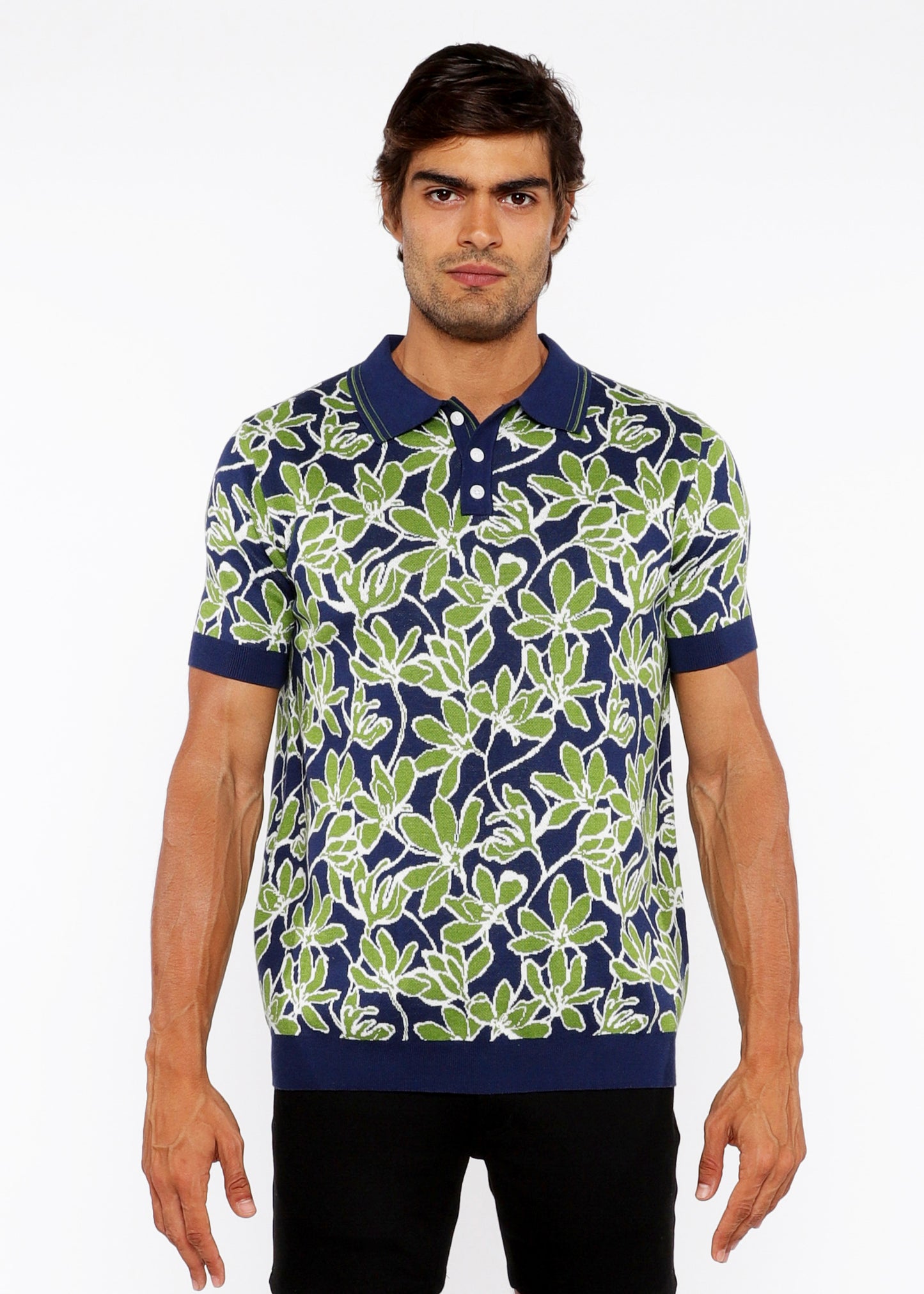 Bud/Navy Floral Jacquard Knit Polo