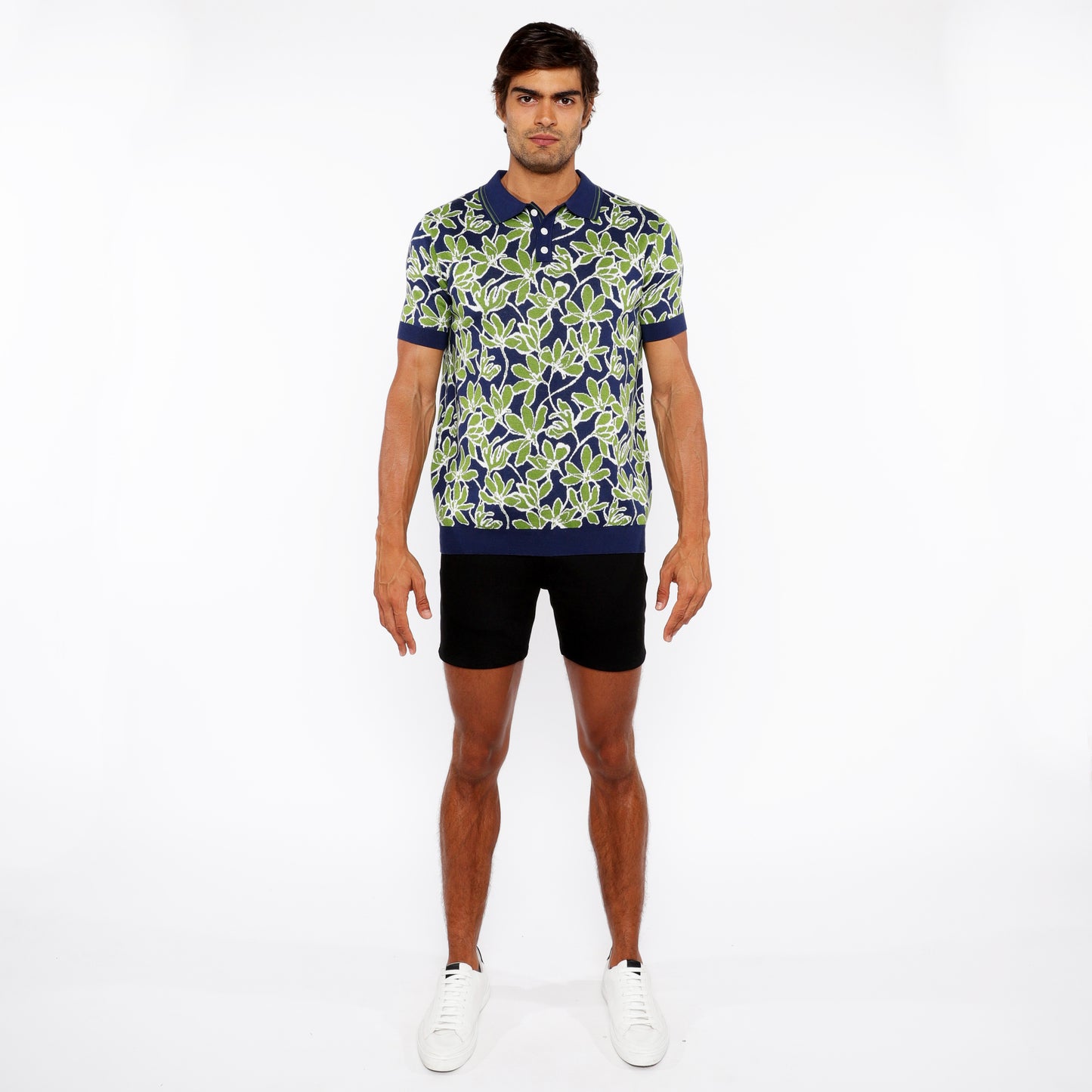 Bud/Navy Floral Jacquard Knit Polo