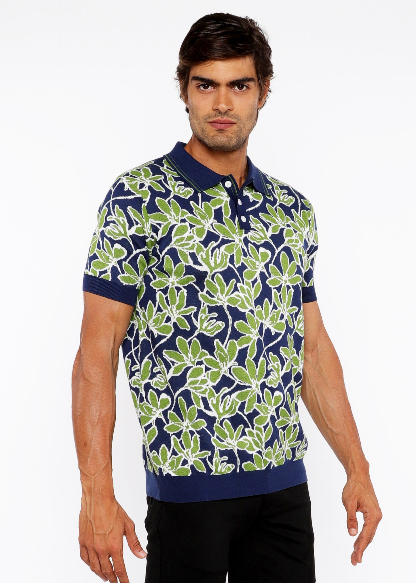 Bud/Navy Floral Jacquard Knit Polo