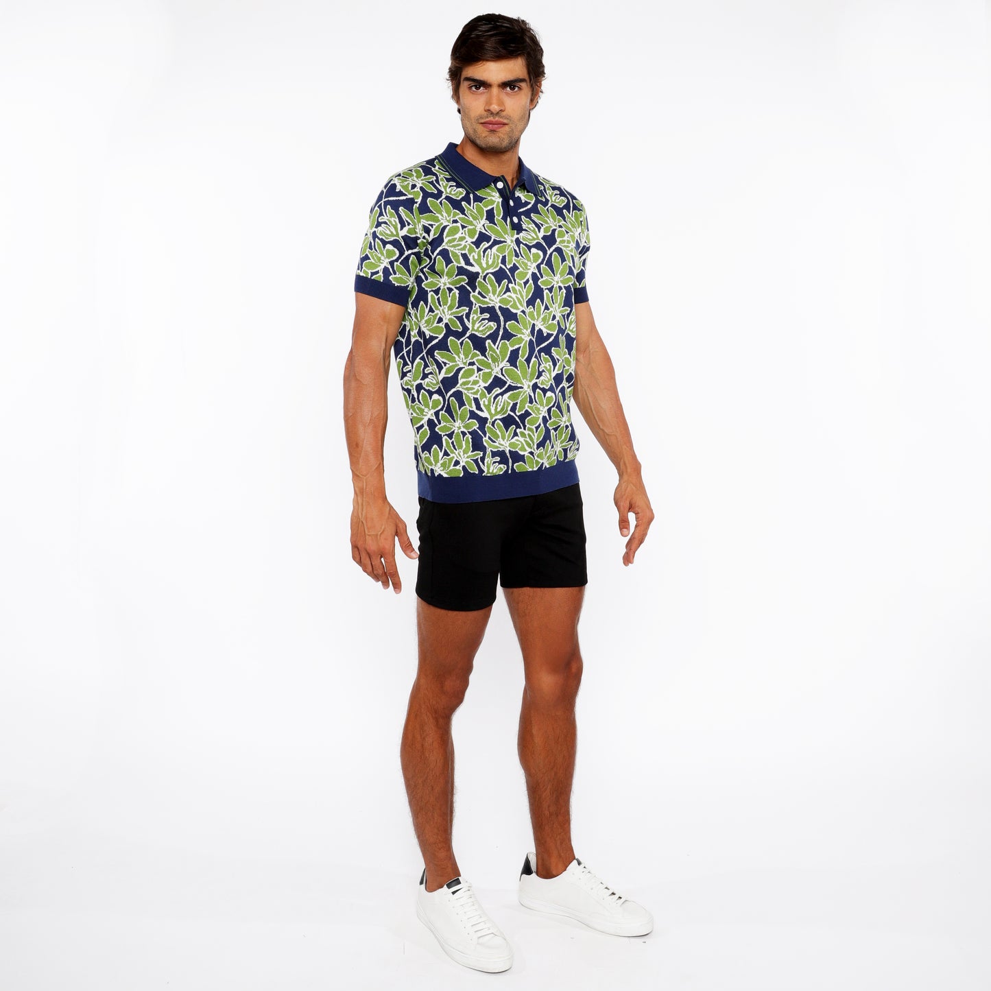 Bud/Navy Floral Jacquard Knit Polo