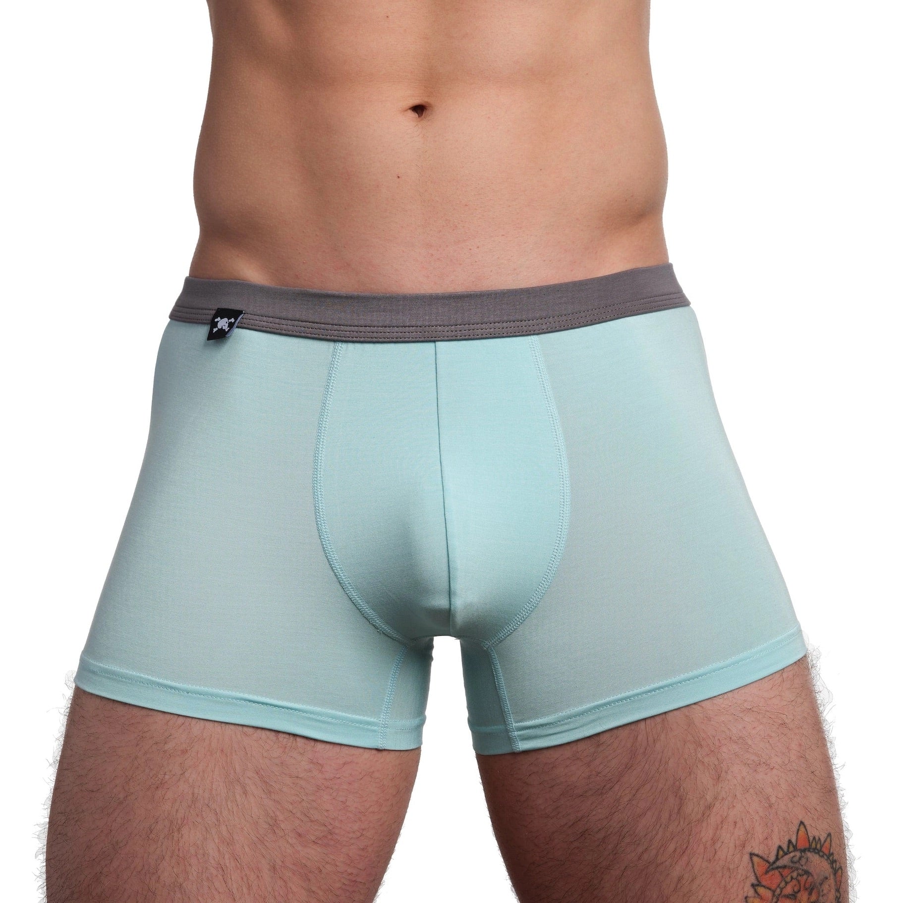 Light blue boxer briefs with a dark waistband on a white background