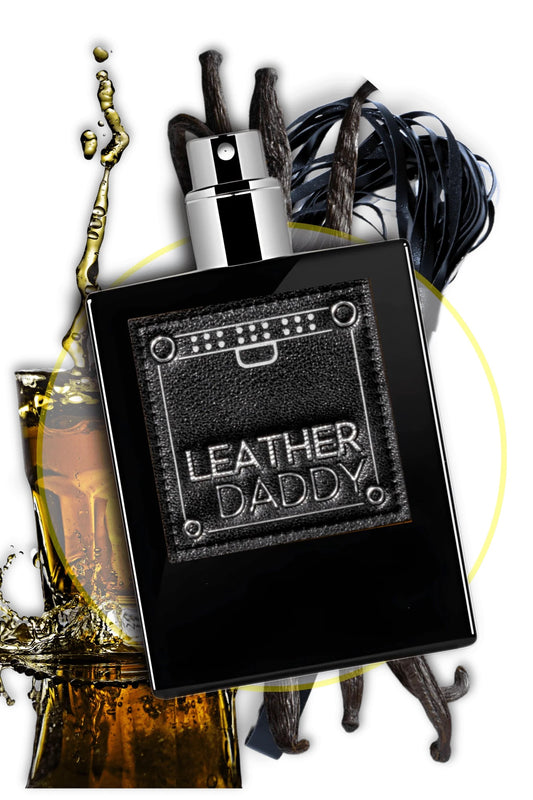Perfume bottle labeled 'Leather Daddy' with abstract elements in the background