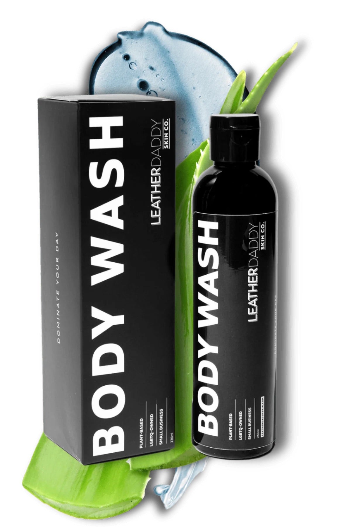 Body wash bottle and packaging with green leaf and water droplet on a white background